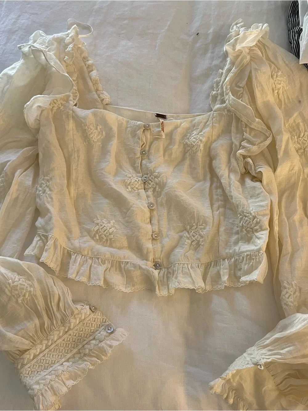 Free People Ivory Ruffle Button-Front Peasant Blouse